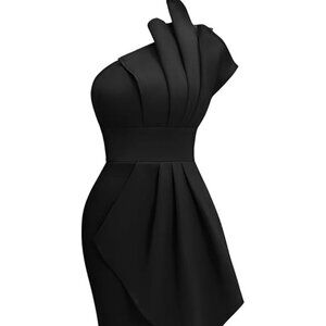 Memoriesea Women's Elegant One Shoulder Pleated Detail Bodycon Party Club Midi D